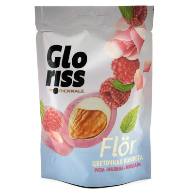 Конфета FLÖR миндаль в белой шок. глазури "Малина-роза"  (Glorᴉss), 65 гр