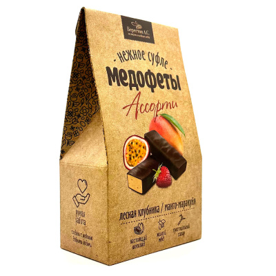 Конфеты в шок гл Медофеты ассорти суфле с лесной клубникой и манго-маракуйя 150 гр
