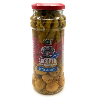 Оливки с перцами "Ассорти №3" б/к (HiFood) 550 гр