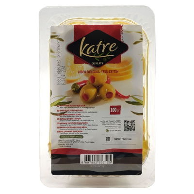 Зелёные оливки с перцем "Katre" 100 гр Зелёные оливки с перцем "Katre" 100 гр