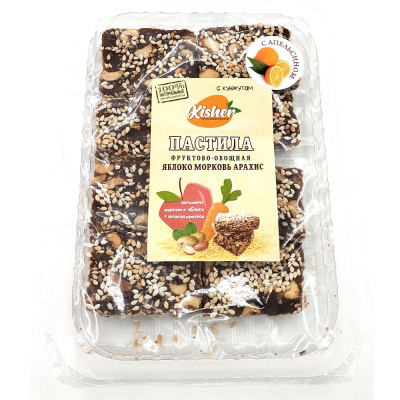 Пастила фруктово-овощная "Яблоко-морковь-арахис" с апельсином и кунжутом "KISHER" 200 гр