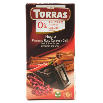 Шоколад тёмный б/с с розовым перцем,корицей и кр.перцем чили "Torras" 75 гр
