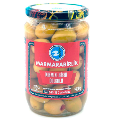 Оливки зеленые б/к 4XL с крас.сл.перцем в рассоле 400 гр  Marmarabirlik Biber