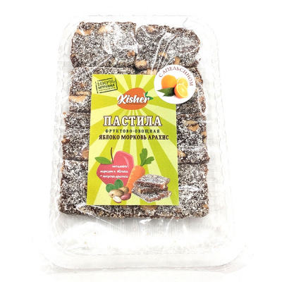 Пастила фруктово-овощная "Яблоко-морковь-арахис" с апельсином и кокосом "KISHER" 200 гр